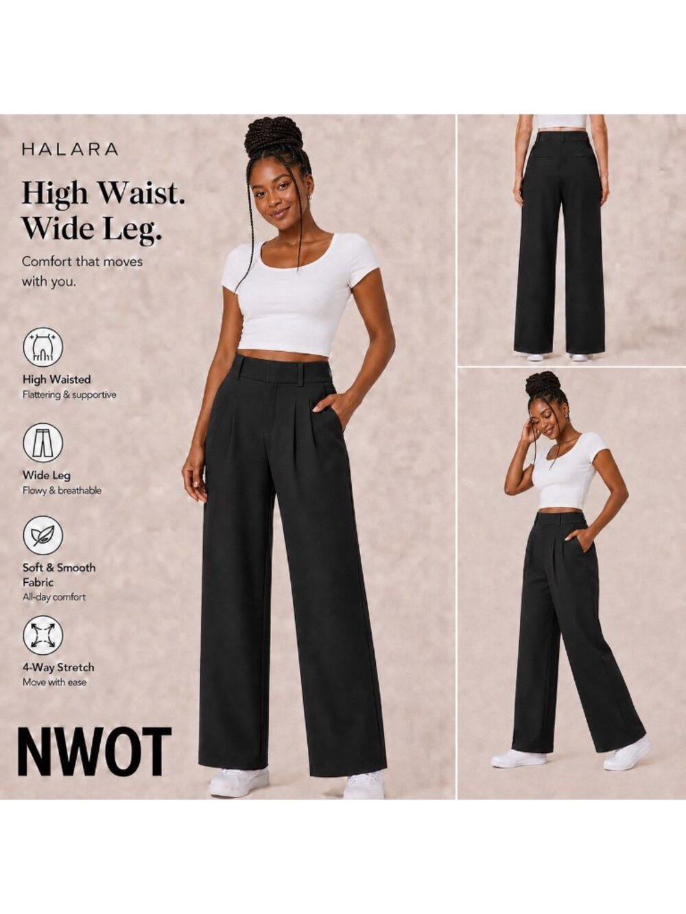 Halara Pants Medium Black High Waisted Wide Leg Pleated Stretch Casual Workwear